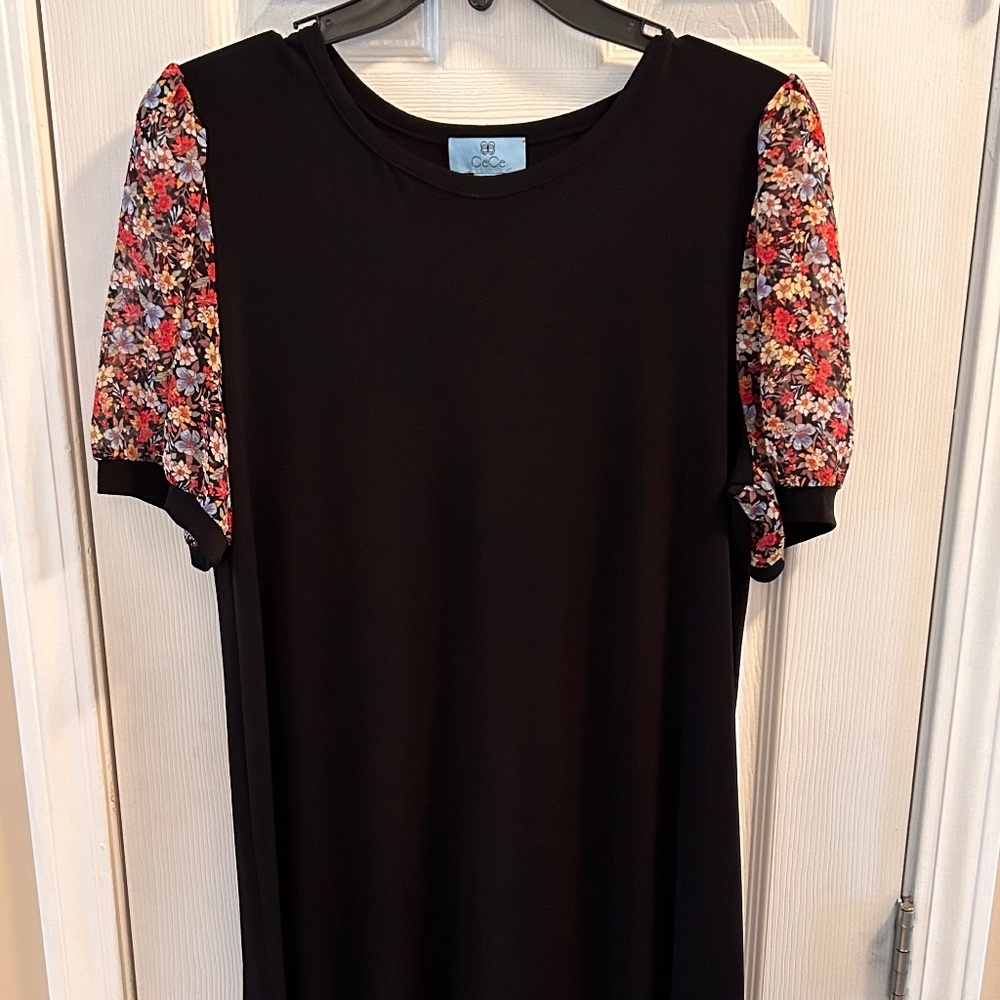 Cece Sheer Floral Puff Sleeve Knit Dress